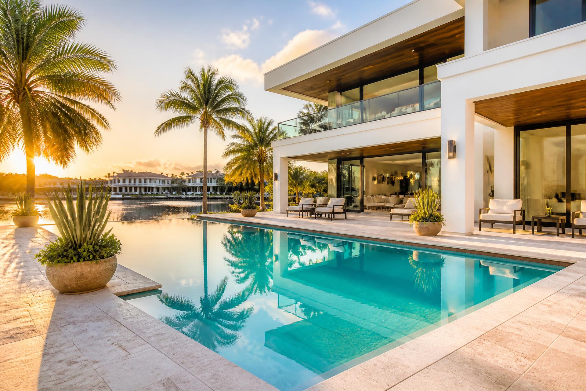 Modern residential swimming pool with crystal clear water in Miami